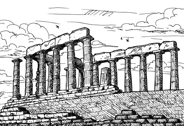 illustrazioni stock, clip art, cartoni animati e icone di tendenza di colonnato all'antico tempio di poseidone a cape sounion, uno dei principali monumenti dell'età dell'oro ateniese, nel sud della grecia. disegno a penna. - capo sounion
