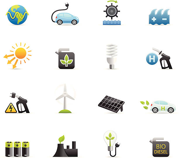 Color Icons - Alternative Energy 16 color icons representing different alternative energy related symbols. water wheel stock illustrations