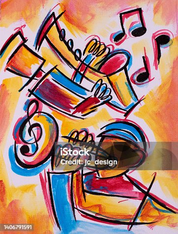 istock Colorful abstract painting of saxophone and trumpet jazz musicians 1406791591