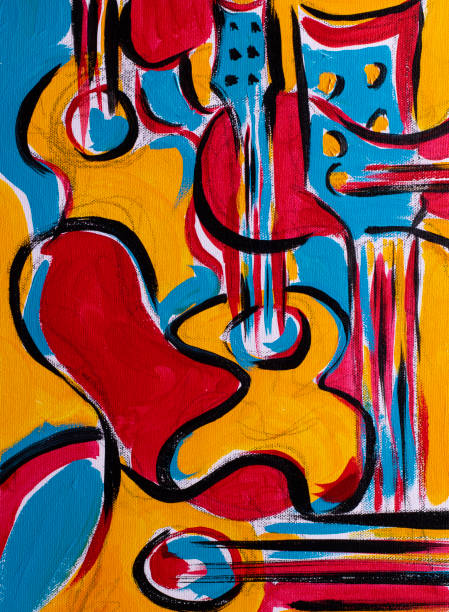 Colorful abstract painting showing guitars and musical instruments vector art illustration