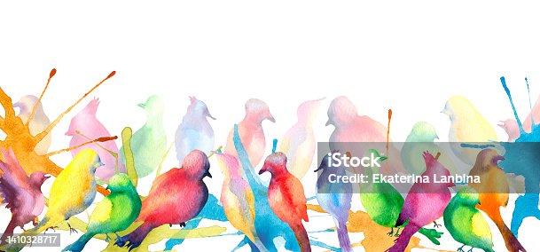 istock Colorful birds silhouette banner watercolor illustration white background. 1410328717