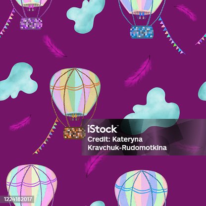 istock colorful hot air balloons, blue clouds and pink feathers on violet background. Seamless pattern. Travel, postcard, poster, fairytale, kids room, print, packaging, wallpaper, textile design 1224182017