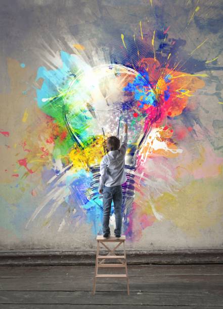 Colorful imagination Child stands on the top of a ladder and painting on the wall writing activity backgrounds stock illustrations