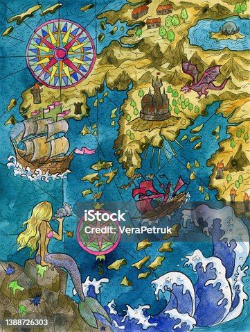 istock Colorful Marine Fantasy illustration of of old pirate map of treasure hunt with sailing ship, beautiful mermaid, compass and unknown land, islands. Nautical vintage drawings, watercolor painting. 1388726303