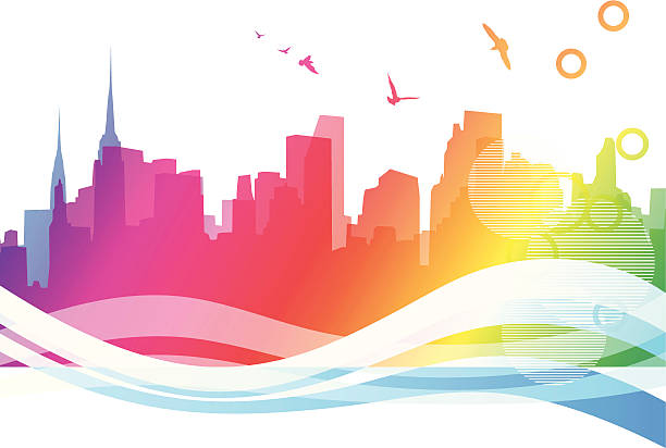 Colorful rainbow skyline vector art illustration