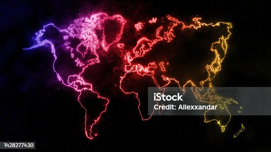 istock Colorful World Map on dark background, Colorful Glowing World Map 1428277430