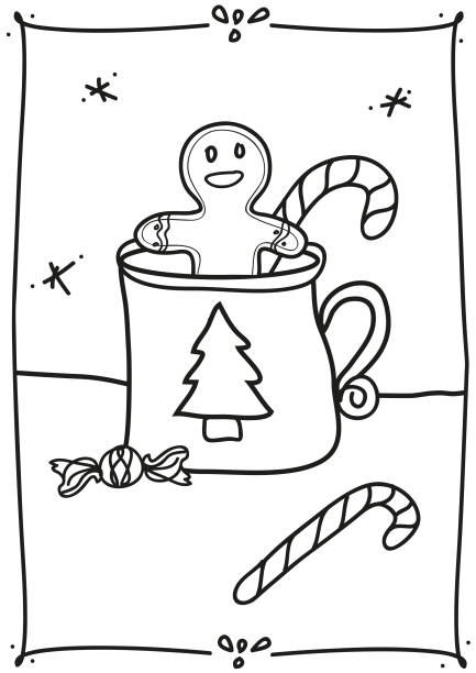 Coloring page for children gingerbread man in hot chocolate. Line art fun winter christmas theme winter vacation leisure creative activity Line drawing for coloring with felt-tip pens Christmas illustration candy candy, barley sugar and candies gingerbread man coloring page stock illustrations