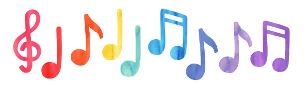 Colourful music note symbols of different color: pink, red, orange, yellow, green, blue, cyan, purple, violet. Hand painted watercolour sketch, isolated clipart elements for design, pattern, stickers. Hand drawn watercolor illustration. music clipart stock illustrations