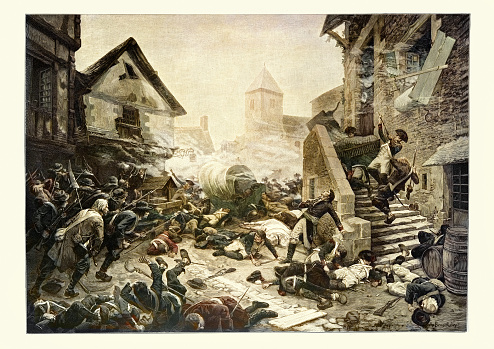 Vintage illustration of Combat at Cholet, or The Suicide of General Moulin in 1794 during the French Revolutionary Wars