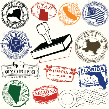 Series of stylized stamps for American states.