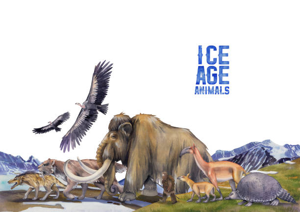 Composition of a watercolor prehistoric animals and primordial human walking in a line Composition of a watercolor prehistoric animals and primordial human walking in a line with a mountain landscape on a background. Hand painted historical illustration of the Ice Age mastodon animal stock illustrations