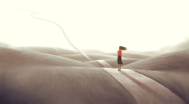 Concept art of  success hope dream way and ambition , surreal landscape painting, business woman with floating road , imagination artwork, conceptual illustration vector art illustration