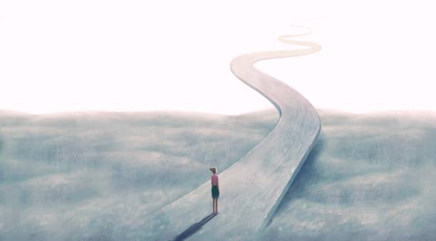 Concept art of  success hope dream way and ambition , surreal landscape painting,  woman with floating road , imagination artwork, conceptual illustration, mystery scenery vector art illustration