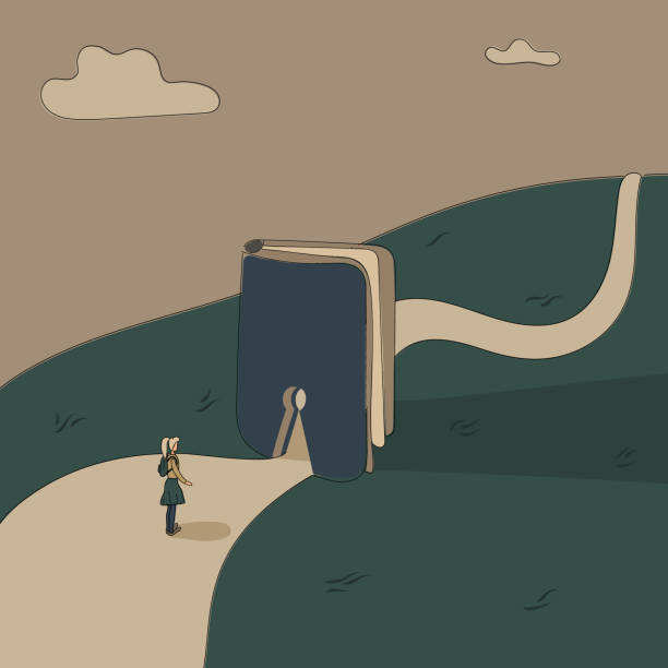 Concept: book is source of knowledge.Tiny girl stand on wide road in front keyhole entrance in book to narrower road.Volume as symbol of admission to more prestigious sphere of life.Hand drawn vector Concept: book is source of knowledge.Tiny girl stand on wide road in front keyhole entrance in book to narrower road.Volume as symbol of admission to more prestigious sphere of life.Hand drawn raster writing good book stock illustrations
