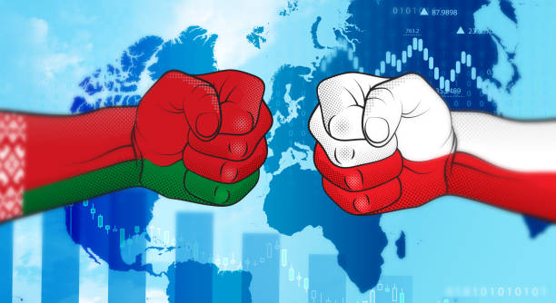 Conflict between Poland and Belarus. Poland–Belarus relations. Poland versus Belarus. Strained relations between Poland and Belarus. belarus stock illustrations