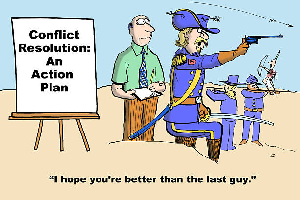 Conflict Resolution Action Plan Business cartoon showing an army in battle with the indians.  Businessman is about to begin a seminar called "Conflict Resolution: An Action Plan".  General says to him, "I hope you're better than the last guy". angry general manager stock illustrations