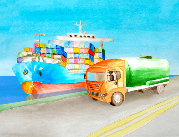ein containerschiff schwimmt auf dem wasser in der nähe des ufers, auf dem ein grüner zisternee-tankwagen mit einer orangefarbenen kabine gehen kann, um die möglichkeiten der logistik im aquarellstil zu veranschaulichen - oil lkw autobahn stock-grafiken, -clipart, -cartoons und -symbole
