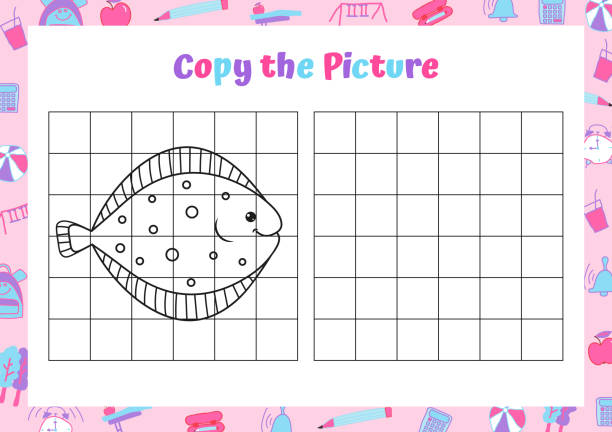 Copy the picture. Drawing activity for kids. Educational game for preschool children.  printable of fish drawing stock illustrations