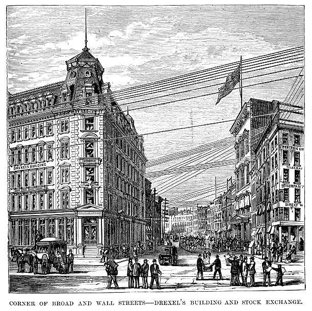Corner of Broad and Wall Streets Vintage engraving of the Corner of Broad and Wall Streets, Drexel's building and Stock Exchange, New York. 1882 nyse stock illustrations