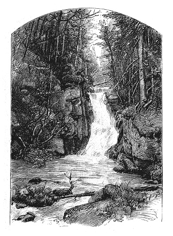 Illustration of a Countryside scene, mountain stream rocks and trees