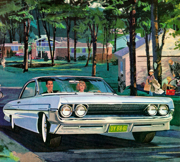 bildbanksillustrationer, clip art samt tecknat material och ikoner med couple driving in white vintage car - house with 2 cars