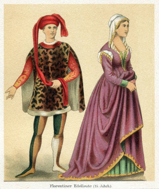 illustrazioni stock, clip art, cartoni animati e icone di tendenza di coppia firenze italia nell'abbigliamento tradizionale di venezia xv secolo - firenze