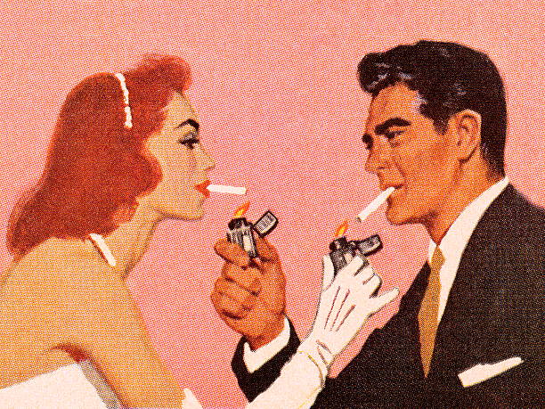 stockillustraties, clipart, cartoons en iconen met couple lighting each others cigarette - alleen volwassenen