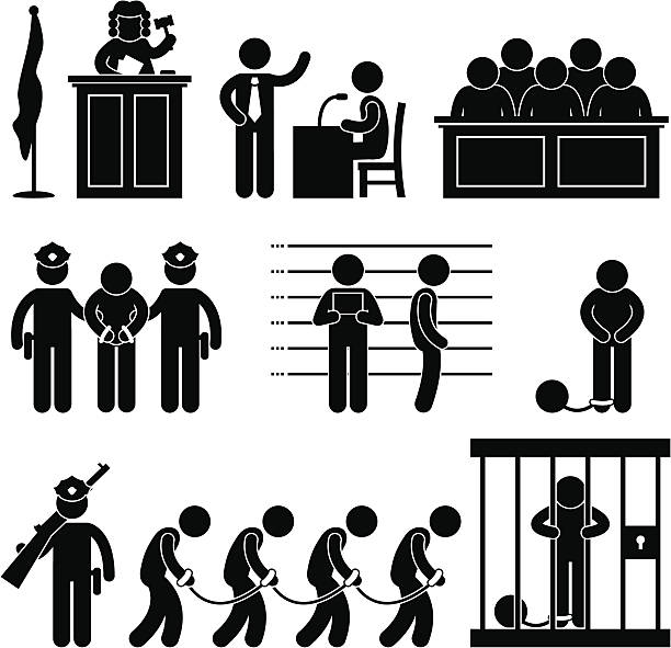 Court and Criminal Pictogram "A set of pictograms representing the court, judge, lawyer, criminal, jury, and jail." supreme court stock illustrations