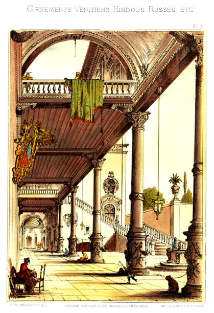 illustrazioni stock, clip art, cartoni animati e icone di tendenza di cortile di un palazzo a genova. dagli ornamenti veneziani 1883 - eitan
