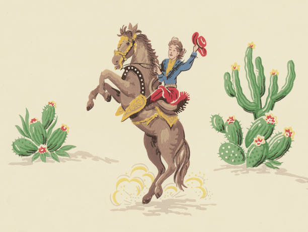 bildbanksillustrationer, clip art samt tecknat material och ikoner med cowboy on rearing horse - desert cowgirl