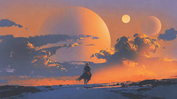 cowboy riding a horse against sunset sky vector art illustration