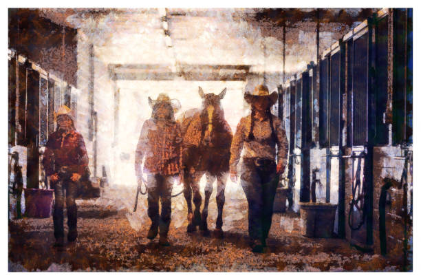 bildbanksillustrationer, clip art samt tecknat material och ikoner med cowgirls på en häst stabil i en ranch-digital foto manipulation - working stable horses