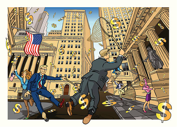 Credit Crunch USA "Vector illustration of business people rushing to save dollars on Wall Street, as they float away. Fully editable layers included for ease of use - why not visit my portfolio" wall street stock illustrations