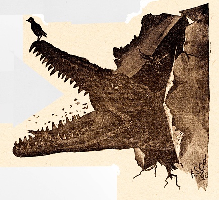 Crocodile with bird on snout in symbiotic relationship.  Illustration published 1887. Source: Original edition is from my own archives. Copyright has expired and is in Public Domain.