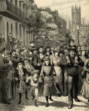 Vintage illustration Crowded street, Victorian Brighton, England, 1880s, Children carried on shoulders, 19th Century