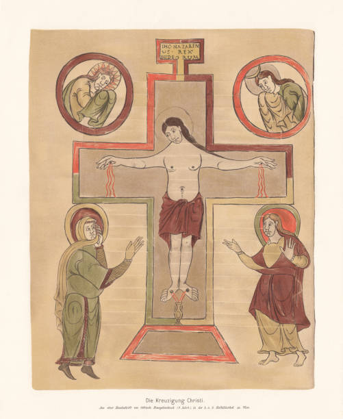 Crucifixion of Christ, gospel book (9th century), facsimile (chromolithograph), 1897  drawing of the good friday stock illustrations