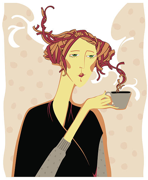 ilustraciones, imágenes clip art, dibujos animados e iconos de stock de rizado chica de cabeza con una taza de té - curley cup