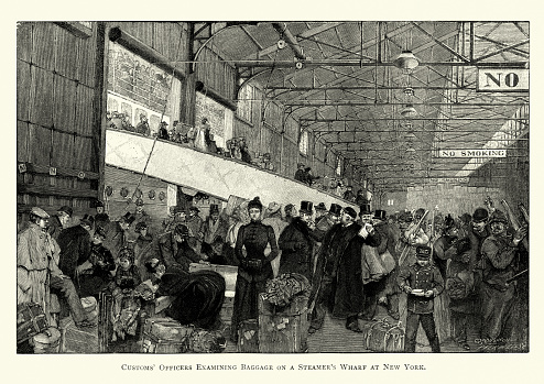 Vintage engraving of Customs officers examining baggage on a steamer's wharf, New York, 19th Century