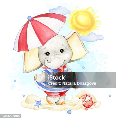 istock Cute baby elephant, with an umbrella, on the background of the sun and clouds. Watercolor clipart on an isolated background. 1403793086