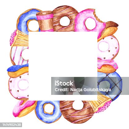 istock Cute birthday frame on a white background. Donuts, cupcakes, garlands, and coffee cups on an empty template in square form. Watercolor bakery frame. Dessert illustration. Greeting card. 1414902438