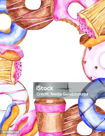 istock Cute birthday frame on a white background. Donuts, cupcakes, garlands, and coffee cups on an empty template in square form. Watercolor bakery frame. Hand-drawn dessert illustration. 1414902441