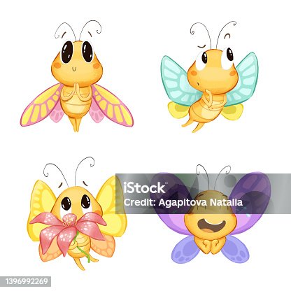istock Cute butterfly character set in different poses and emotions. Ideal for stickers and postcards. 1396992269