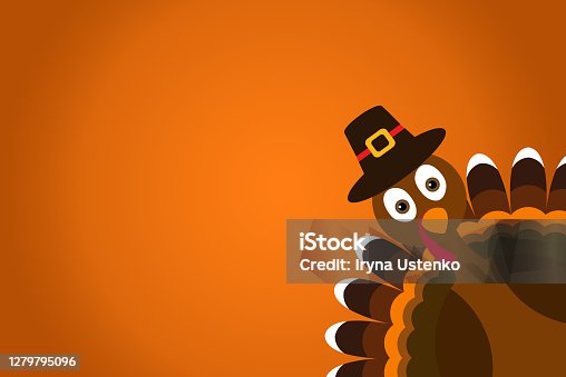 istock Cute Cartoon Turkey Pilgrim with hat on orange gradient background Thanksgiving poster. 1279795096
