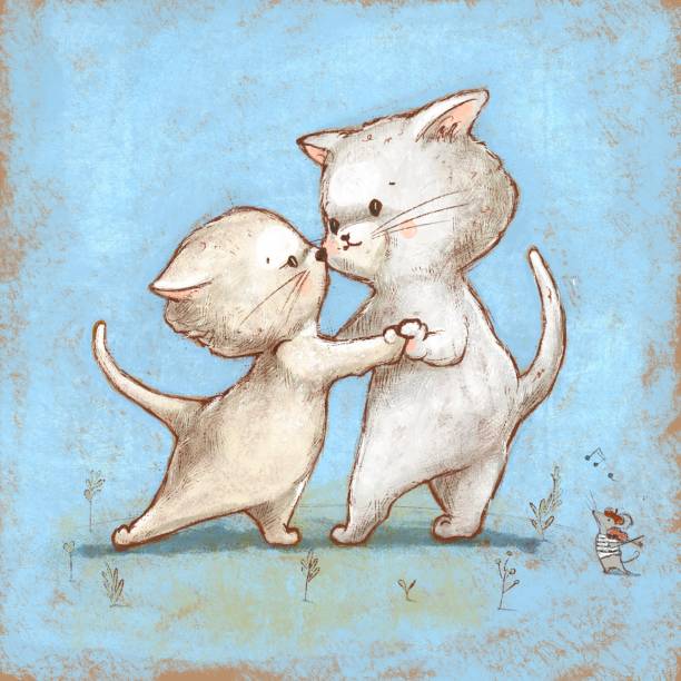 Cute cats dancing tango on the dating vector art illustration