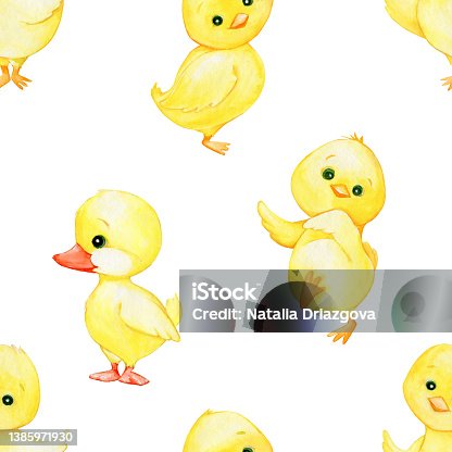 istock cute chickens and a duckling, in cartoon style, on an isolated background. Watercolor seamless pattern, on an isolated background. 1385971930