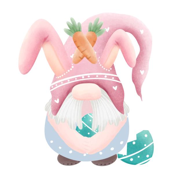 Cute digital painting watercolor gnomes element. Cute digital painting watercolor gnomes element.isolated cartoon character hand drawn holding Easter eggs on white background.happy Easter Day concept illustration.design for texture,fabric,sticker. easter sunday stock illustrations