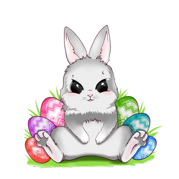 Cute Easter bunny Cute Easter bunny, rabbit sitting between Easter eggs, colored Easter eggs on green grass, happy spring, holiday card hand-drawn in cartoon style, isolated on a white background. easter sunday stock illustrations