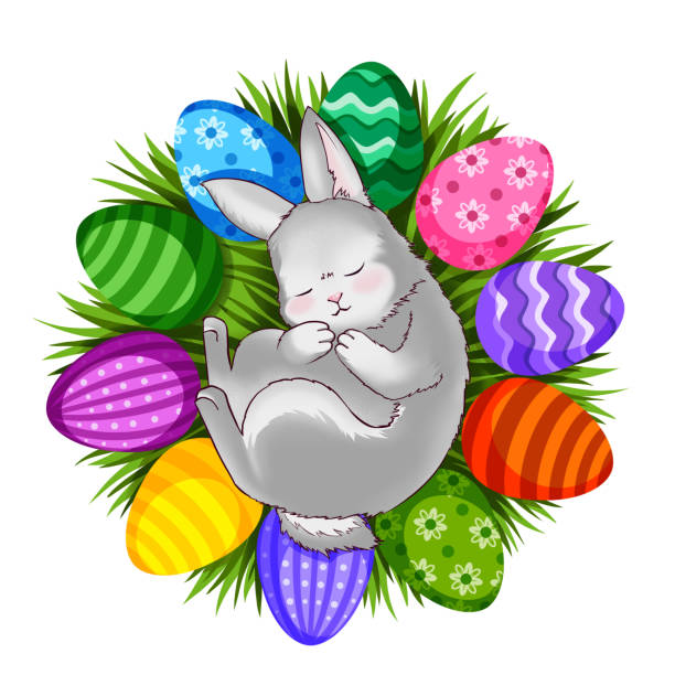Cute Easter bunny Cute Easter bunny, rabbit sleeping on the grass surrounded by colorful bright Easter eggs, happy spring, a holiday card hand-drawn in cartoon style, isolated on a white background. easter sunday stock illustrations