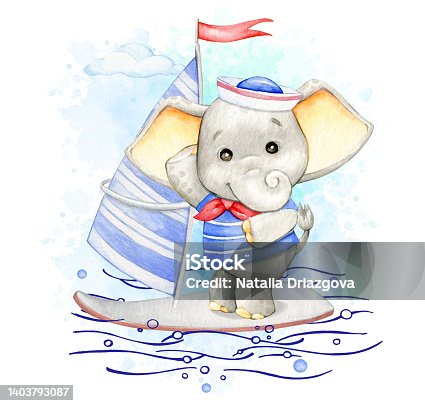istock Cute elephant in a suit, sailor, sailboat, waves, cloud. Watercolor clipart, in cartoon style, on an iolished background. 1403793087