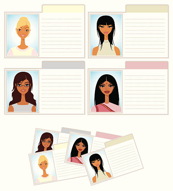 Cute Index File Cards Set of cute contact or information cards with variety of ethnic girls. avatar borders stock illustrations